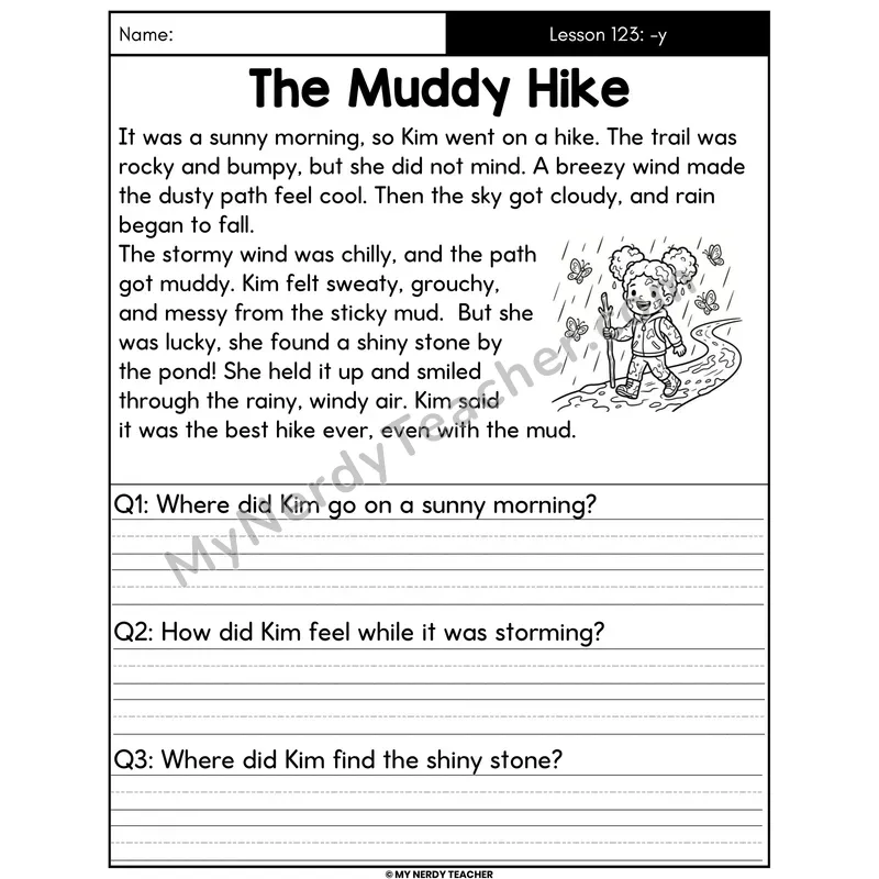 Suffix -y Decodable Passage - The Muddy Hike (Written Answers)