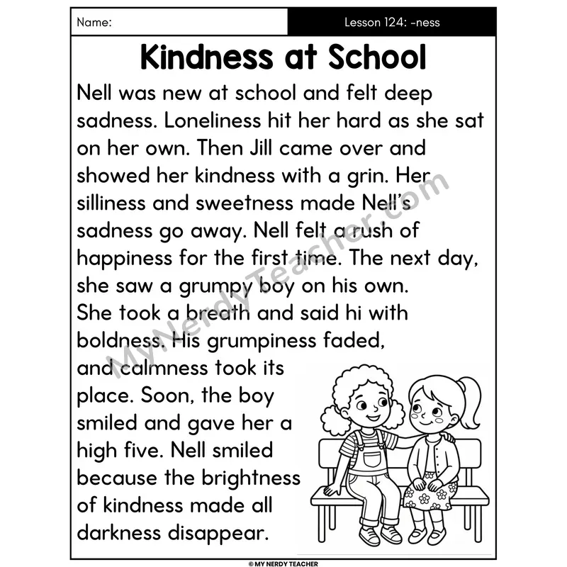 Suffix -ness Decodable Passage - Kindness at School (Large Print)