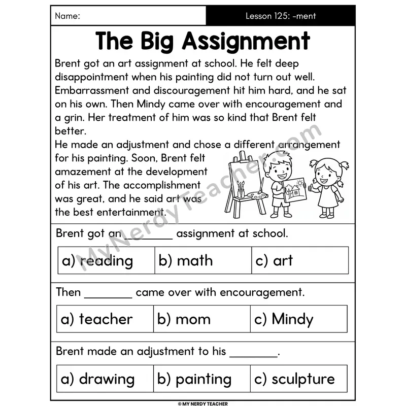 Suffix -ment Decodable Passage - The Big Assignment (Multiple Choice)