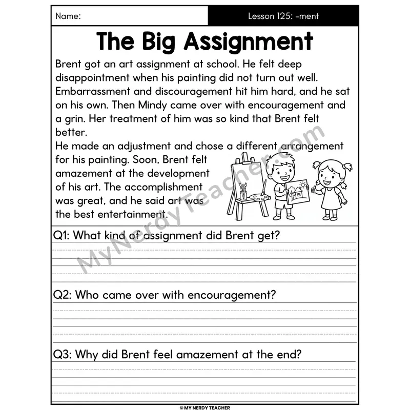 Suffix -ment Decodable Passage - The Big Assignment (Written Answers)