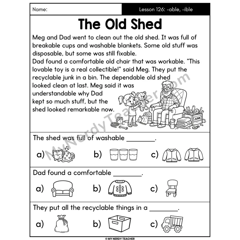 Suffixes -able and -ible Decodable Passage - The Old Shed (Picture Choices)
