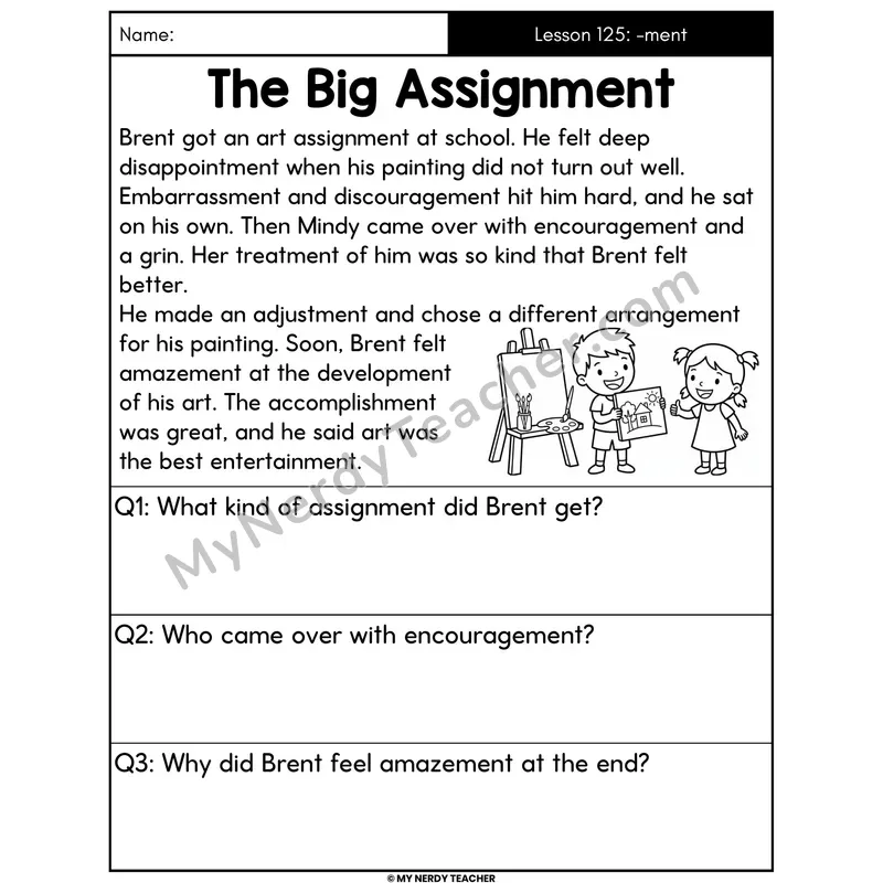 Suffix -ment Decodable Passage - The Big Assignment (Answer Boxes)