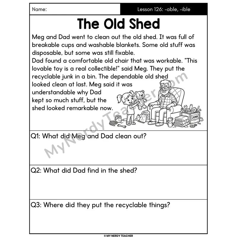 Suffixes -able and -ible Decodable Passage - The Old Shed (Answer Boxes)