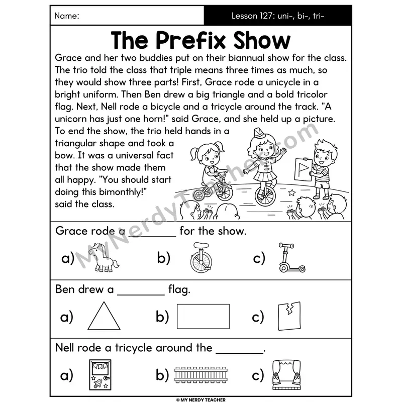 Prefixes uni- bi- tri- Decodable Passage - The Prefix Show (Picture Choices)