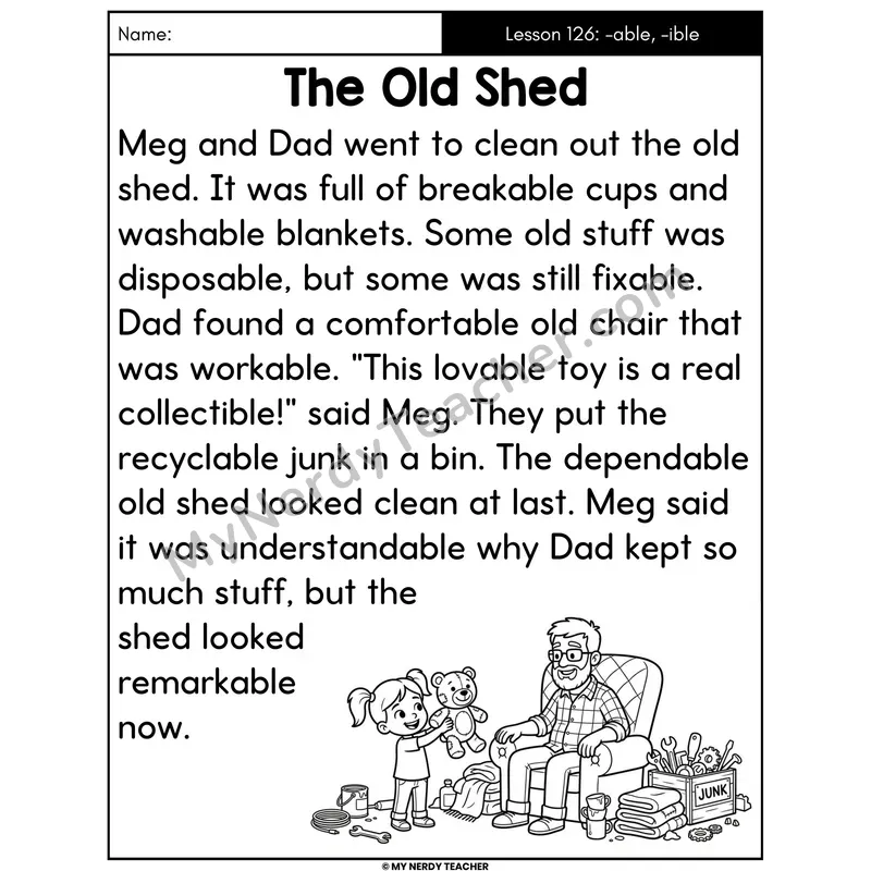 Suffixes -able and -ible Decodable Passage - The Old Shed (Large Print)