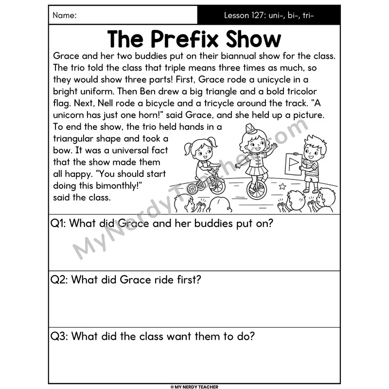 Prefixes uni- bi- tri- Decodable Passage - The Prefix Show (Answer Boxes)