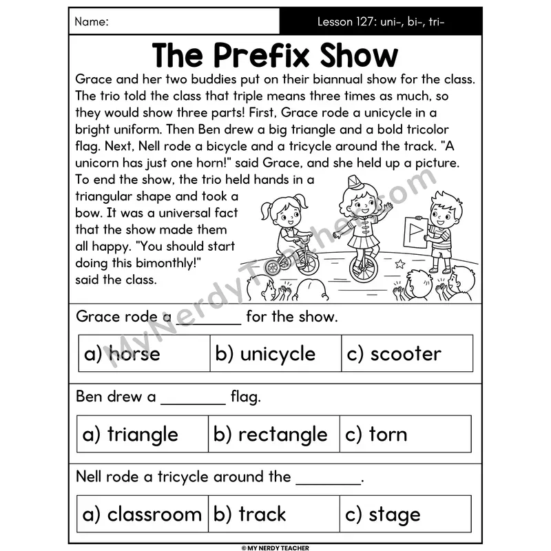 Prefixes uni- bi- tri- Decodable Passage - The Prefix Show (Multiple Choice)