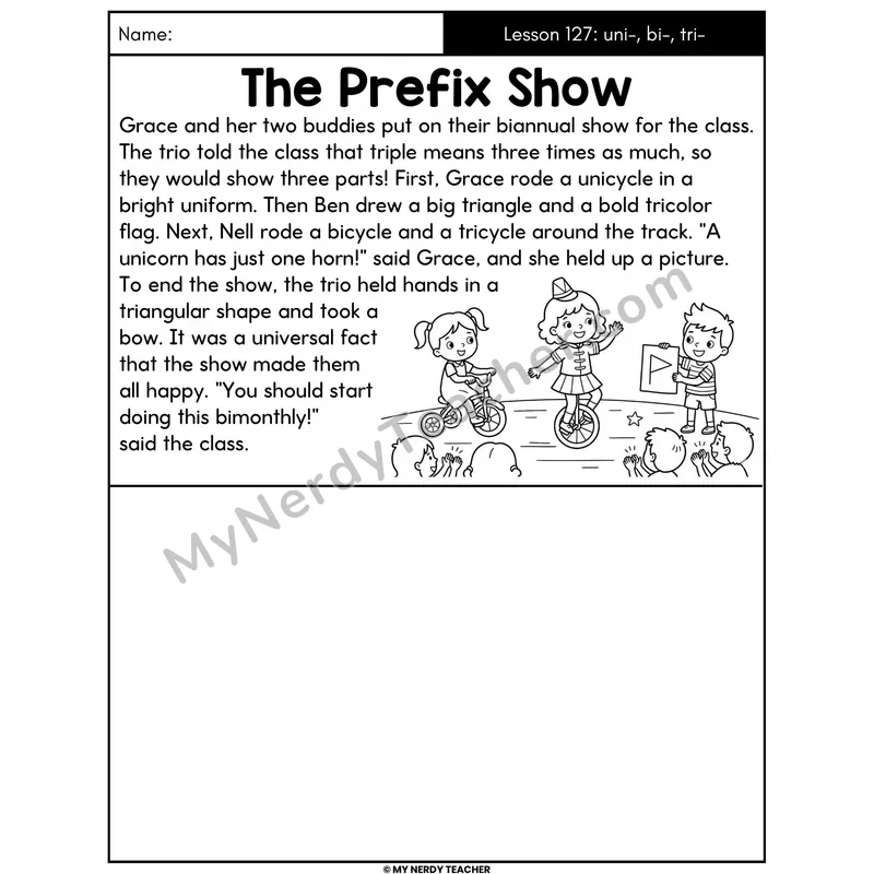 Prefixes uni- bi- tri- Decodable Passage - The Prefix Show (Draw the Story)