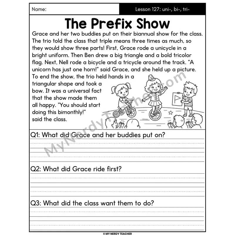 Prefixes uni- bi- tri- Decodable Passage - The Prefix Show (Written Answers)