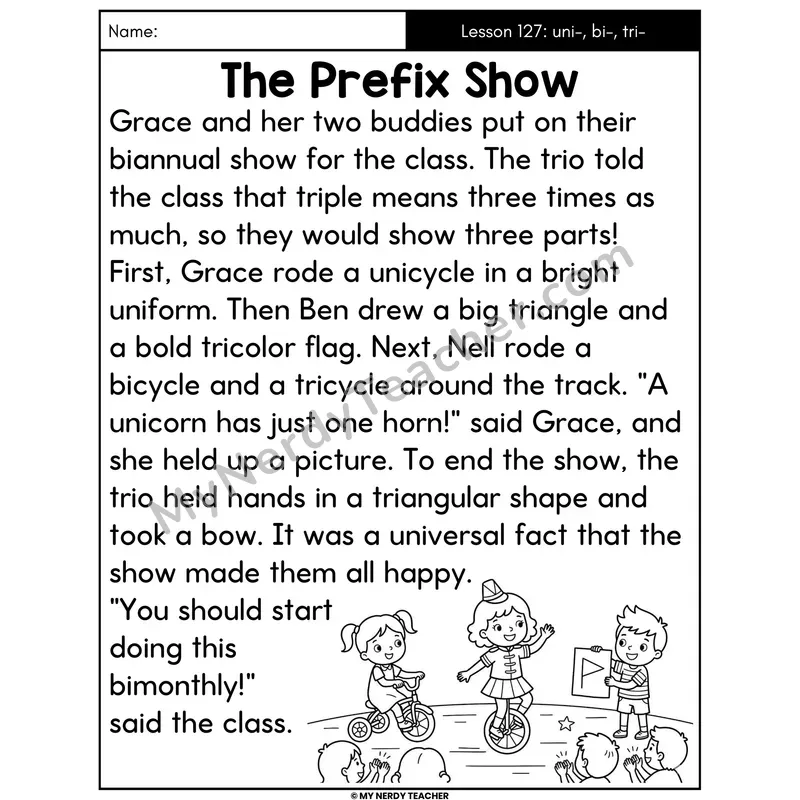 Prefixes uni- bi- tri- Decodable Passage - The Prefix Show (Large Print)