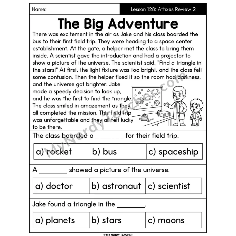 Affixes Review 2 Decodable Passage - The Big Adventure (Multiple Choice)