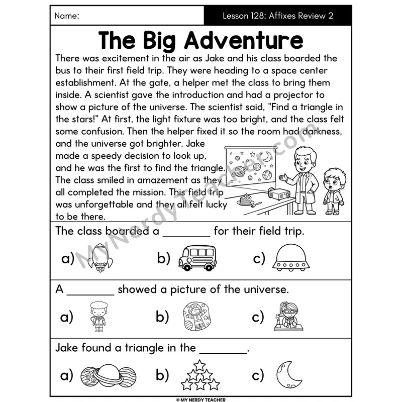 Affixes Review 2 Decodable Passage - The Big Adventure (Picture Choices)