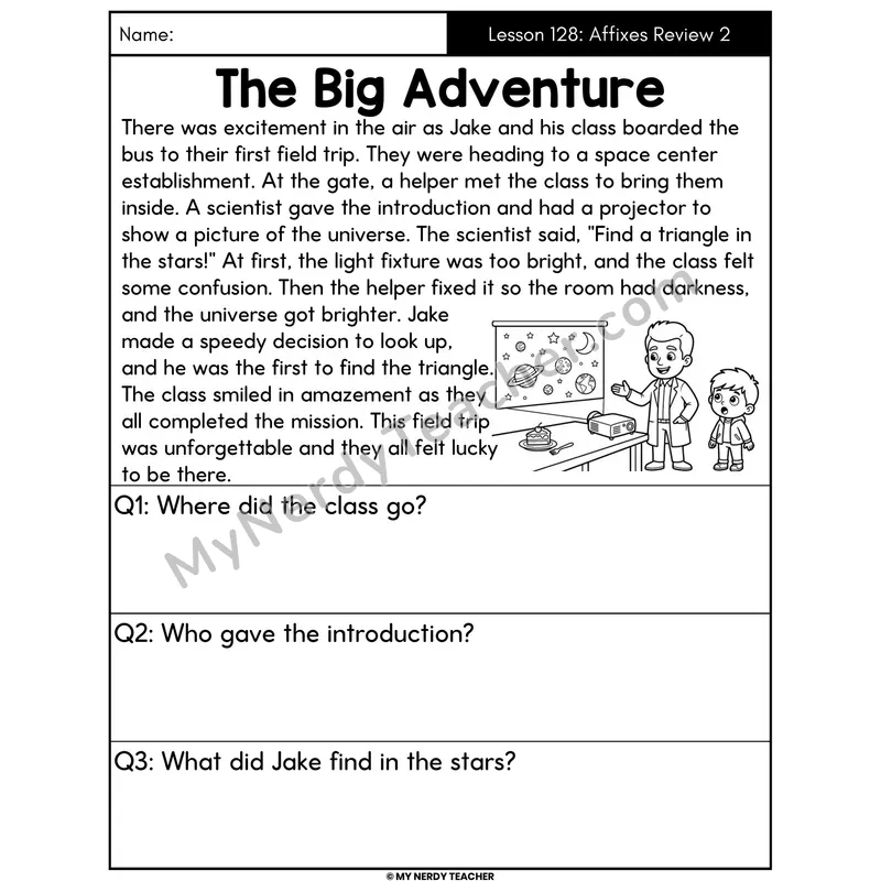 Affixes Review 2 Decodable Passage - The Big Adventure (Answer Boxes)