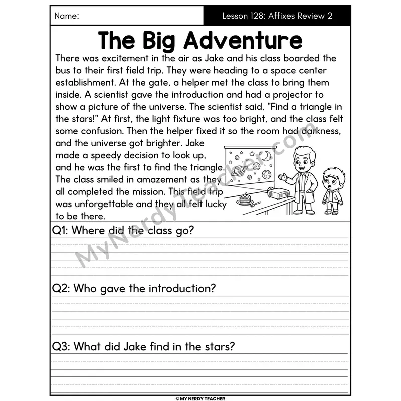 Affixes Review 2 Decodable Passage - The Big Adventure (Written Answers)