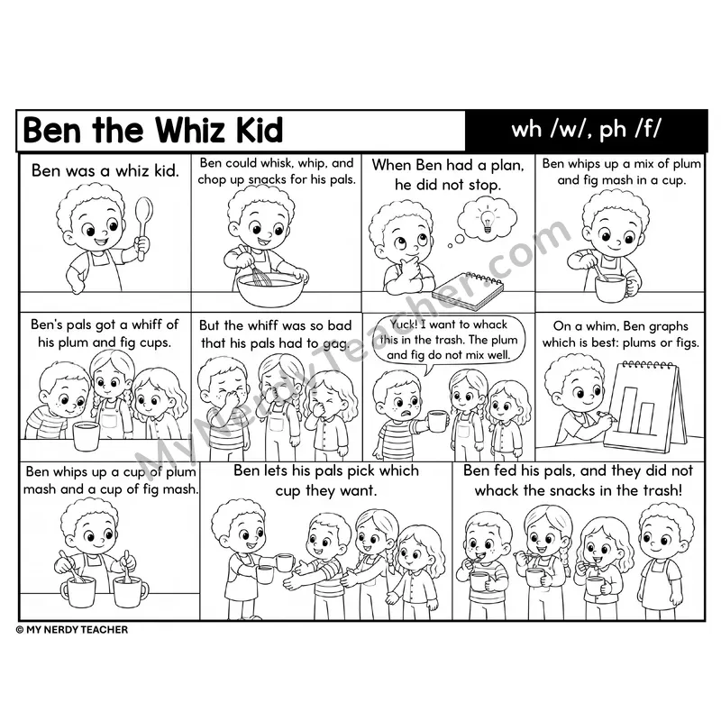 wh and ph Digraphs Decodable Comic — Ben the Whiz Kid