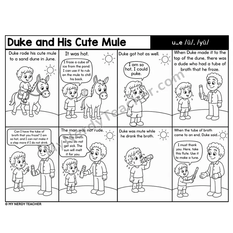 Silent e (u_e) Decodable Comic — Duke and His Cute Mule