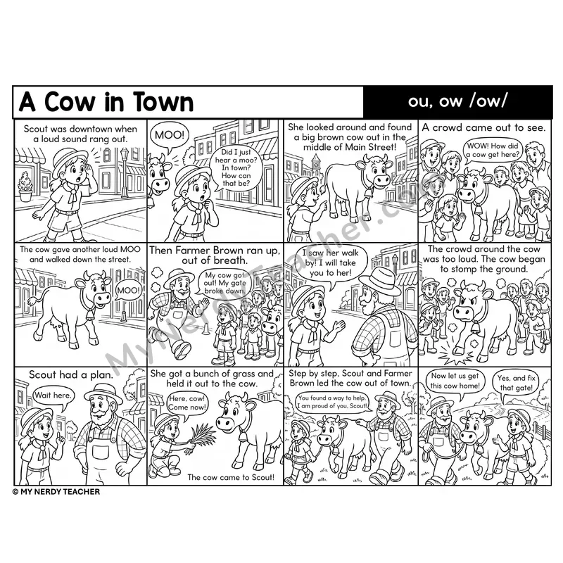 ou and ow Diphthong Decodable Comic — A Cow in Town