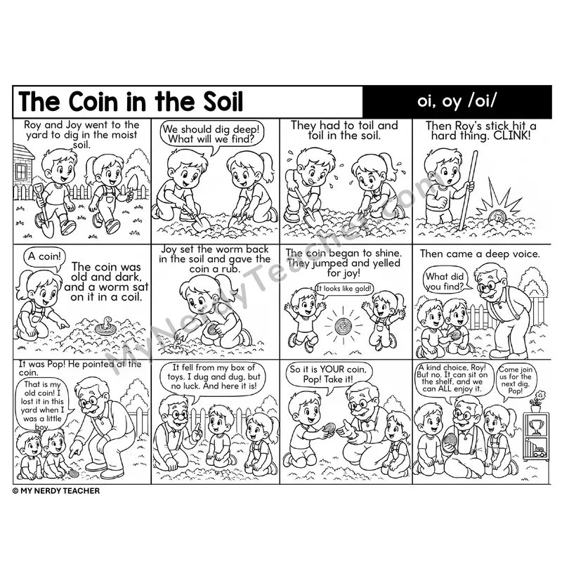 oi and oy Diphthong Decodable Comic — The Coin in the Soil
