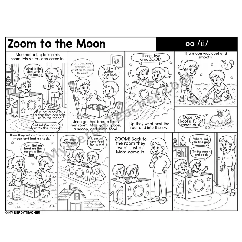 Long oo Vowel Team Decodable Comic — Zoom to the Moon