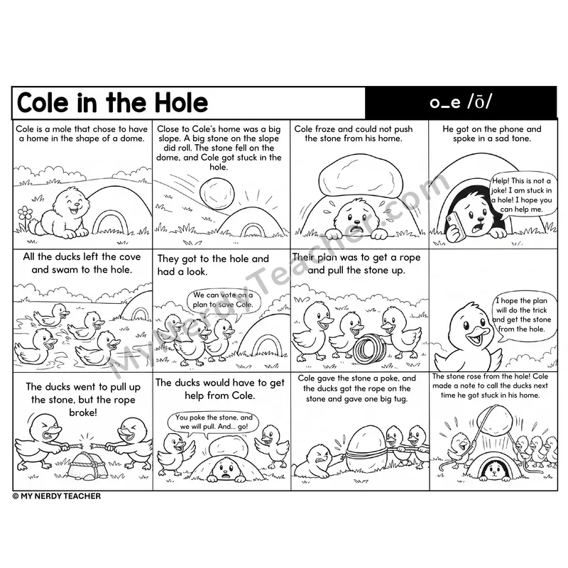 Silent e (o_e) Decodable Comic — Cole in the Hole