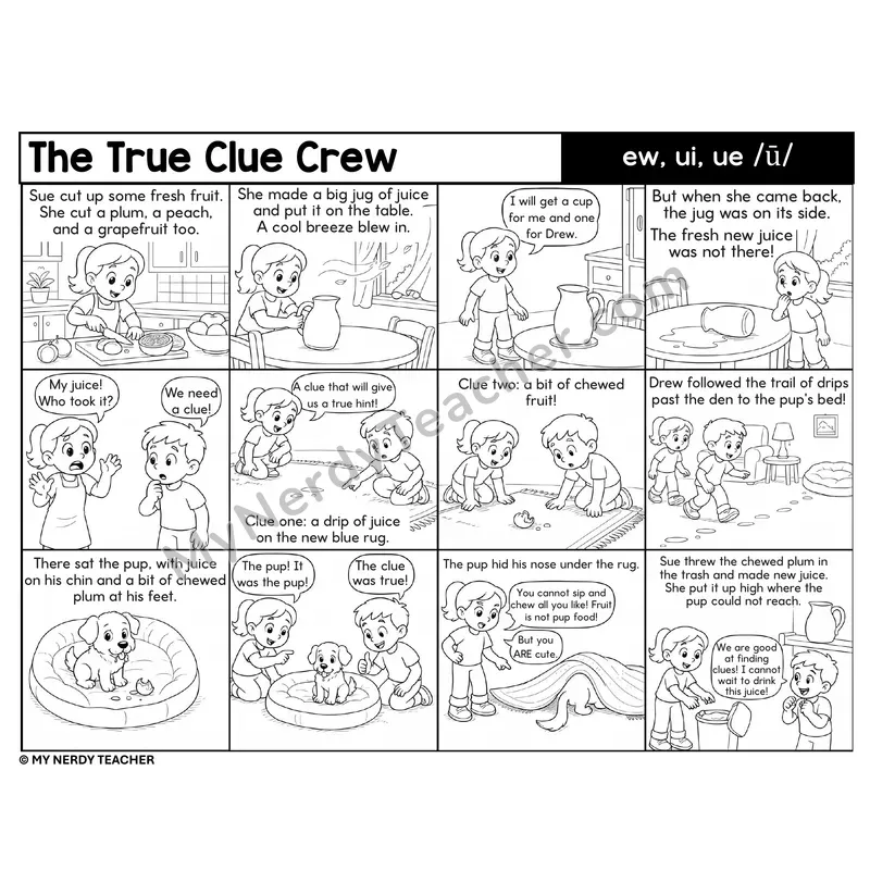 ew, ui, ue Decodable Comic — The True Clue Crew