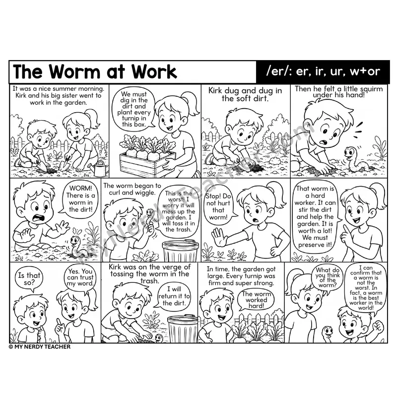 R-Controlled er, ir, ur, w+or Decodable Comic — The Worm at Work