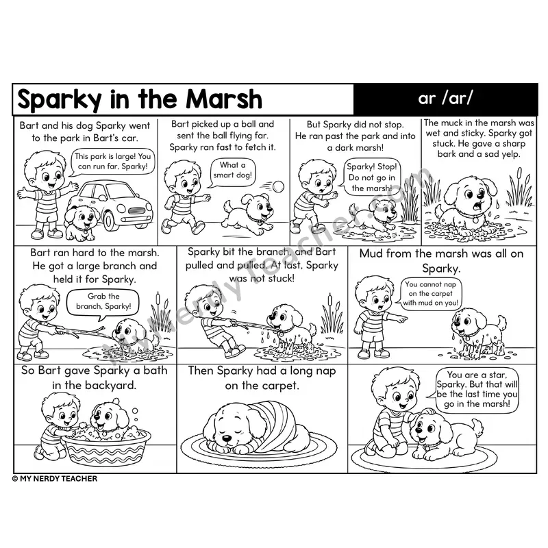 ar (Bossy r) Decodable Comic — Sparky in the Marsh