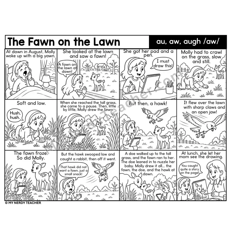 au, aw, augh Decodable Comic — The Fawn on the Lawn