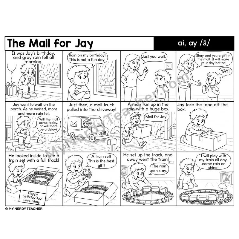 ai and ay Vowel Team Decodable Comic — The Mail for Jay