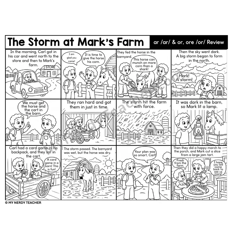 ar, or, ore Review Decodable Comic — The Storm at Mark's Farm