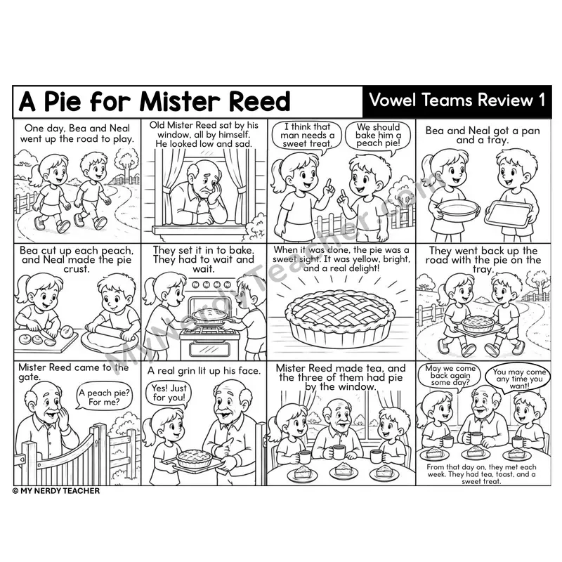 Vowel Teams Review 1 Decodable Comic — A Pie for Mister Reed