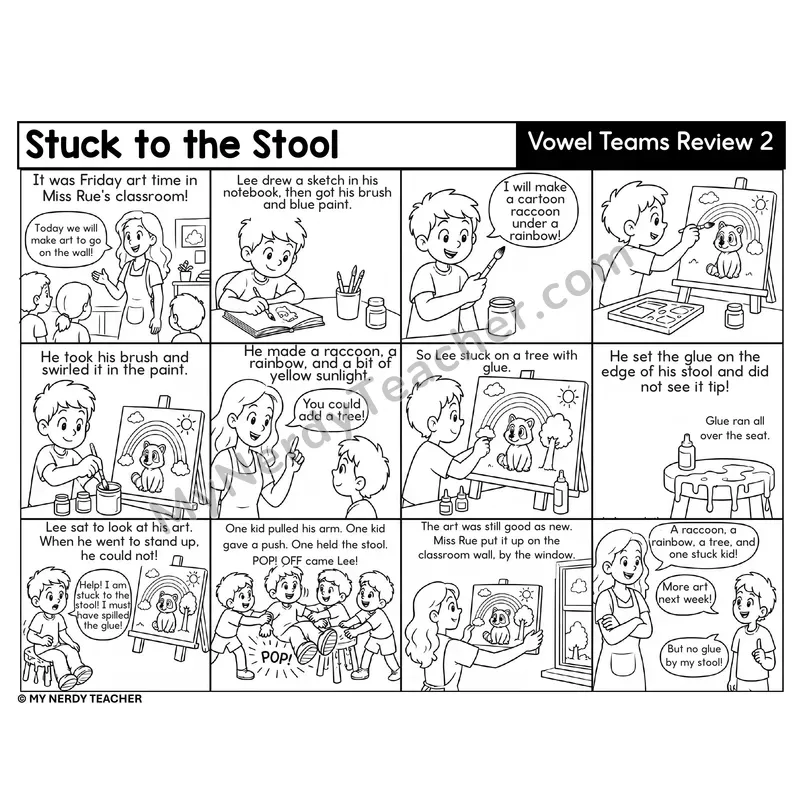 Vowel Teams Review 2 Decodable Comic — Stuck to the Stool