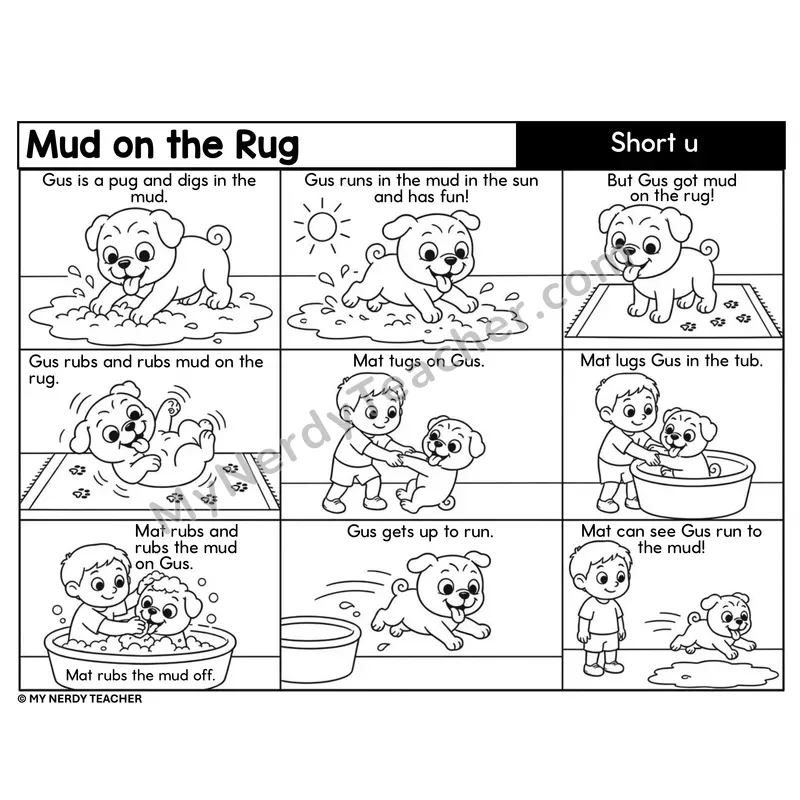 Short u Decodable Comic — Mud on the Rug