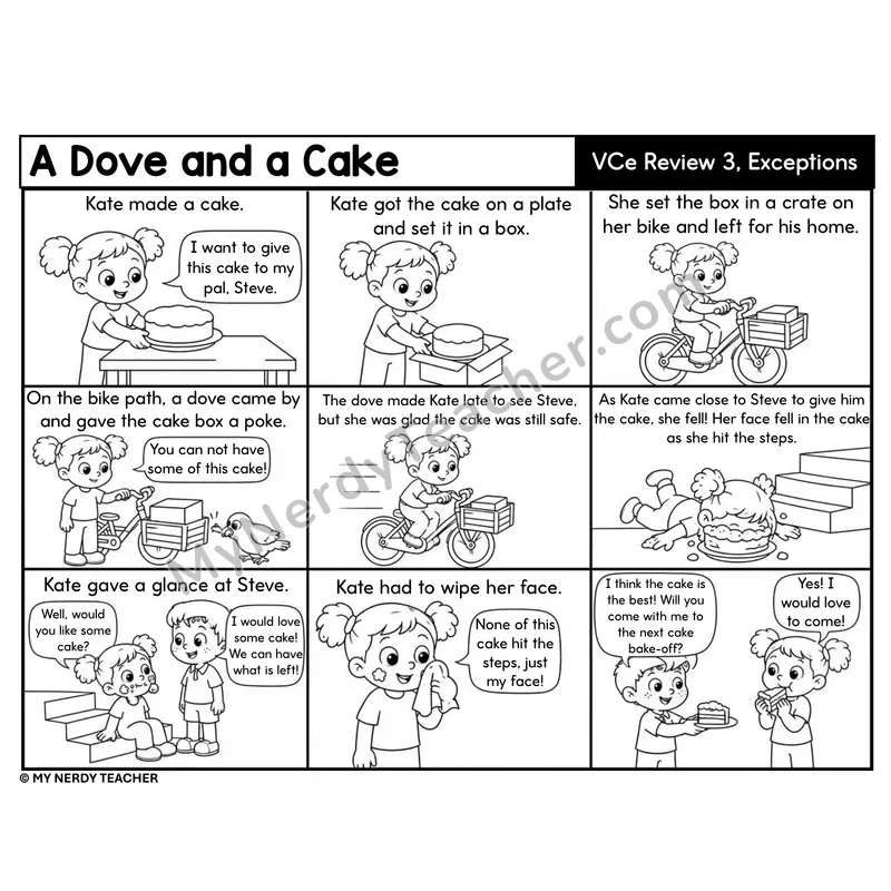 VCe Review 3 and Exceptions Decodable Comic — A Dove and a Cake
