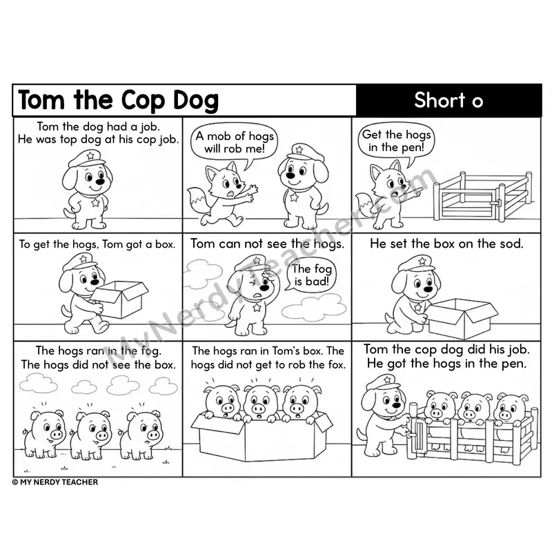 Short o Decodable Comic — Tom the Cop Dog