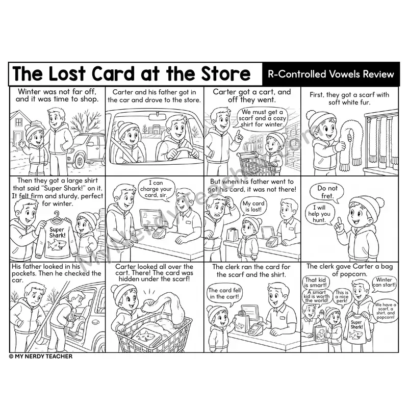 R-Controlled Vowels Review Decodable Comic — The Lost Card at the Store
