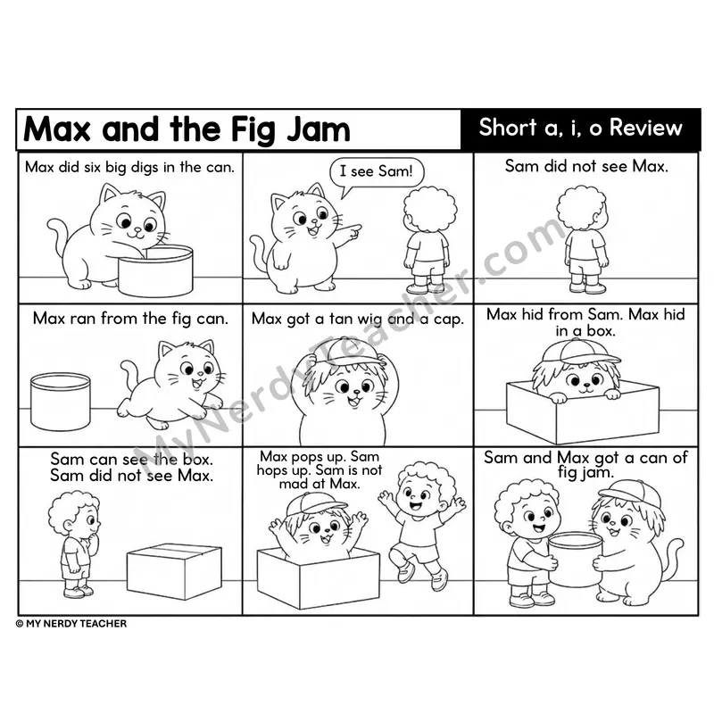 Short a, i, o Review Decodable Comic — Max and the Fig Jam