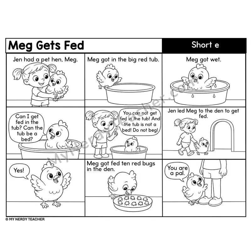 Short e Decodable Comic — Meg Gets Fed