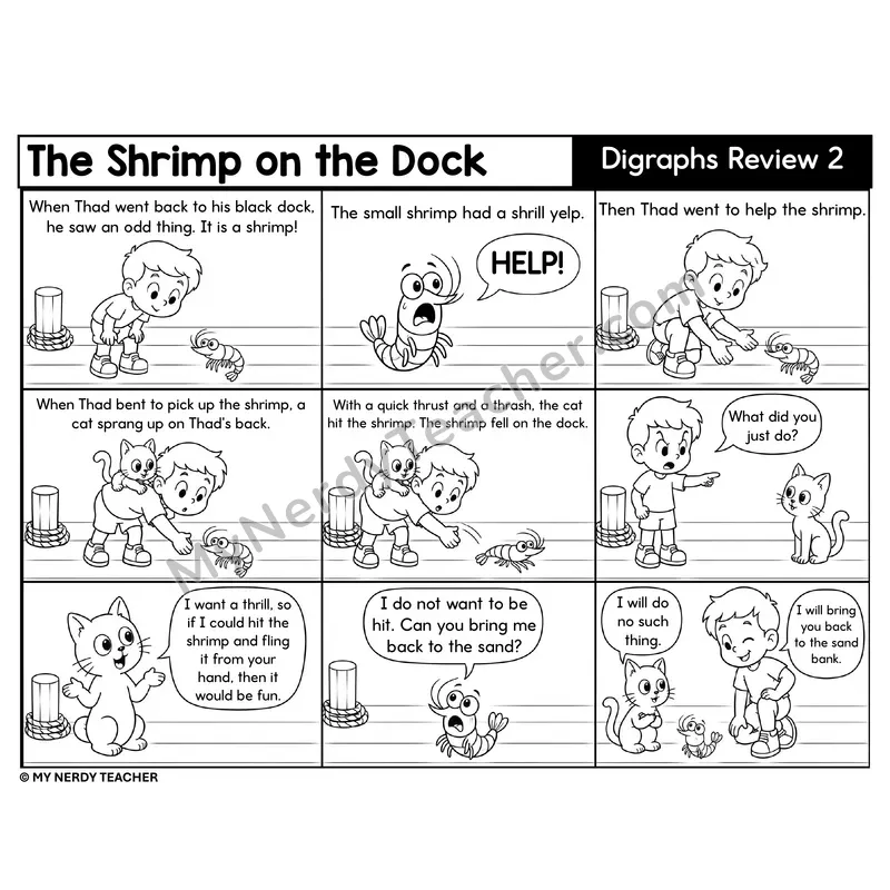 Digraphs Review 2 Decodable Comic — The Shrimp on the Dock