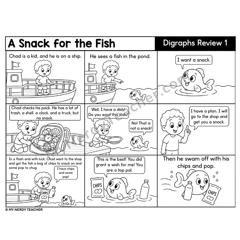 Digraphs Review 1 Decodable Comic — A Snack for the Fish