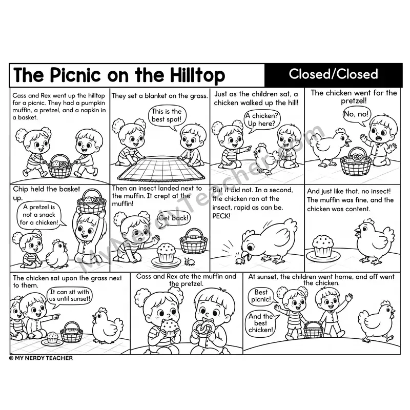 Closed-Closed Syllables Decodable Comic — The Picnic on the Hilltop