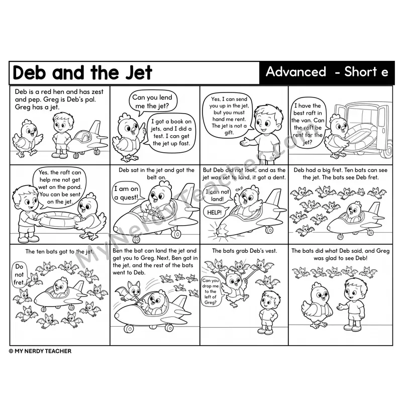 Advanced Short e with Blends Decodable Comic — Deb and the Jet