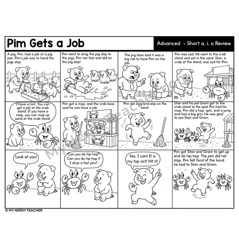 Advanced Short a, i, o Review Decodable Comic — Pim Gets a Job