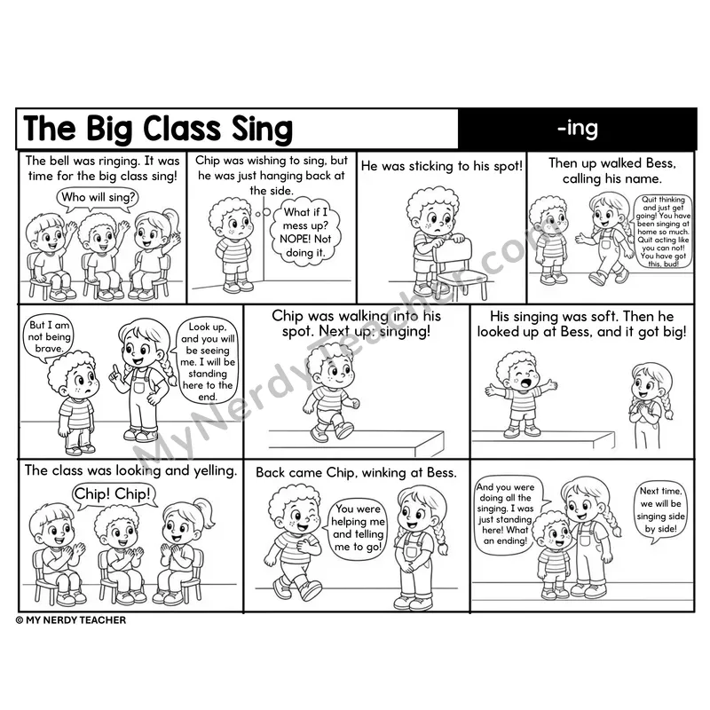 Suffix -ing Decodable Comic — The Big Class Sing