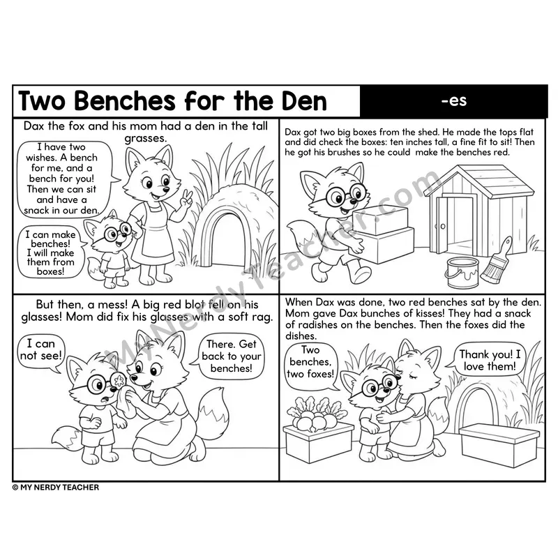 Suffix -es Decodable Comic — Two Benches for the Den