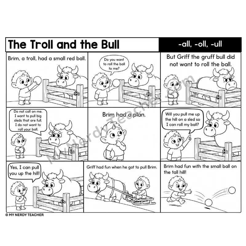 Glued Sounds -all, -oll, -ull Decodable Comic — The Troll and the Bull